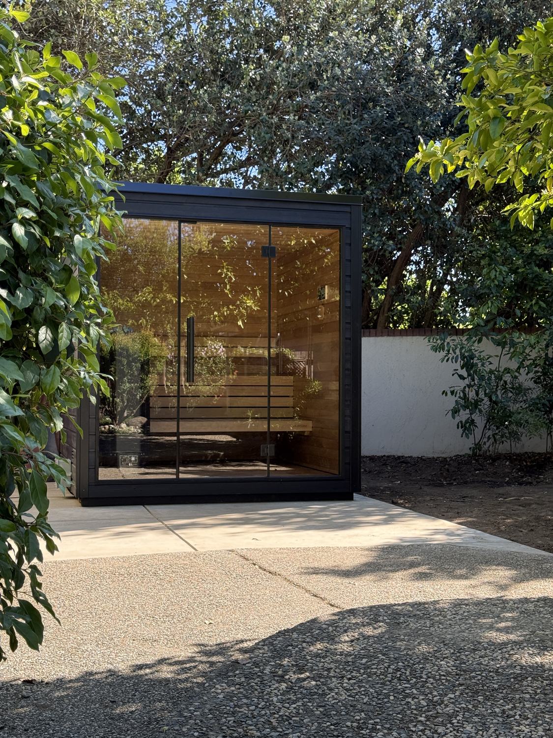 Custom glass-front sauna exterior Sacramento CA