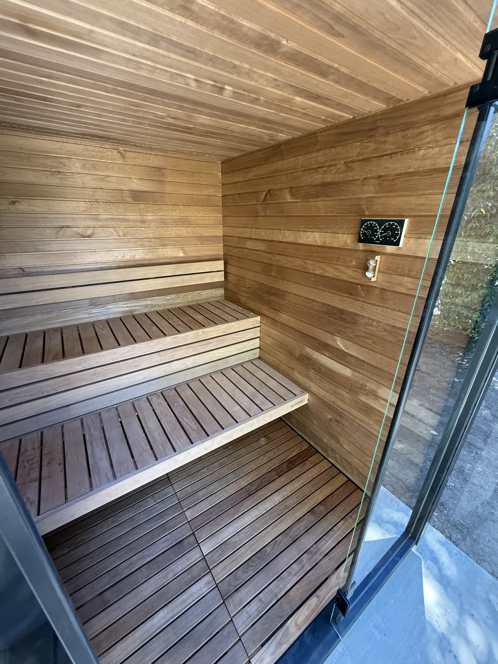 Auroom sauna interior with temperature gauges Orangevale CA